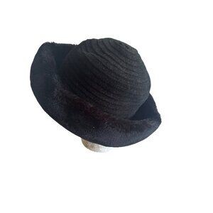 Aulin Womens Black Faux Fur & Ribbed Fabric Bucket Hat One Size